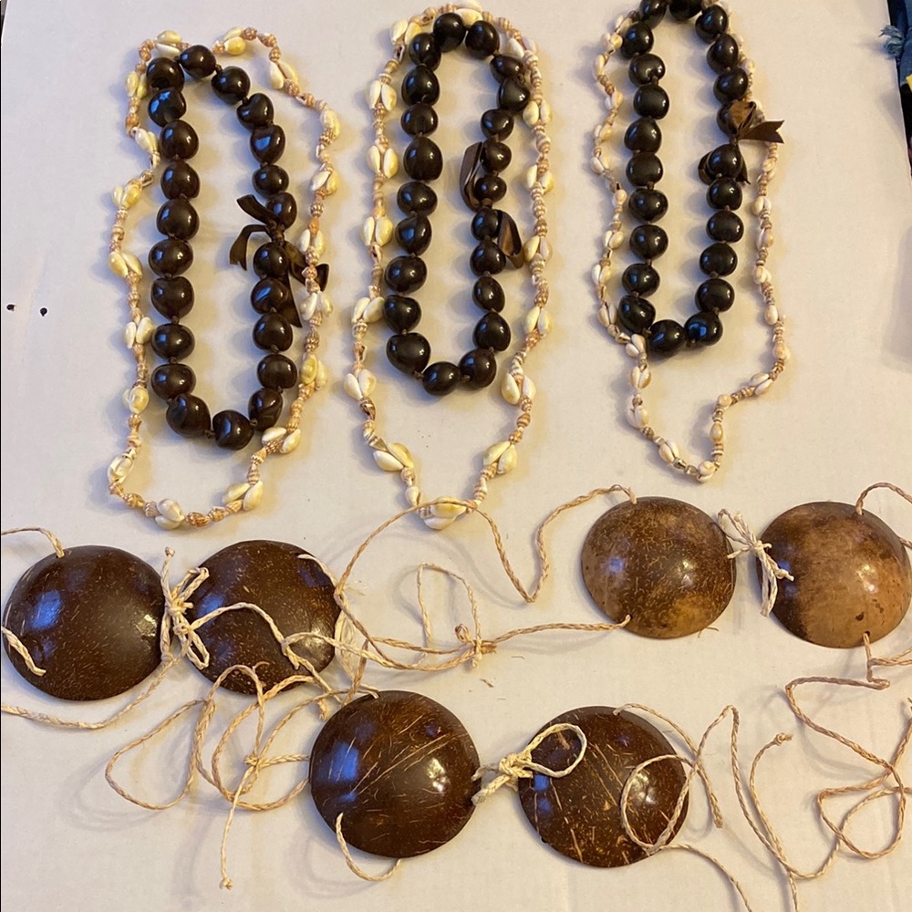 Hawaiian Girl Costumes with coconut top, kukui nut & shell necklaces. Set of 3.